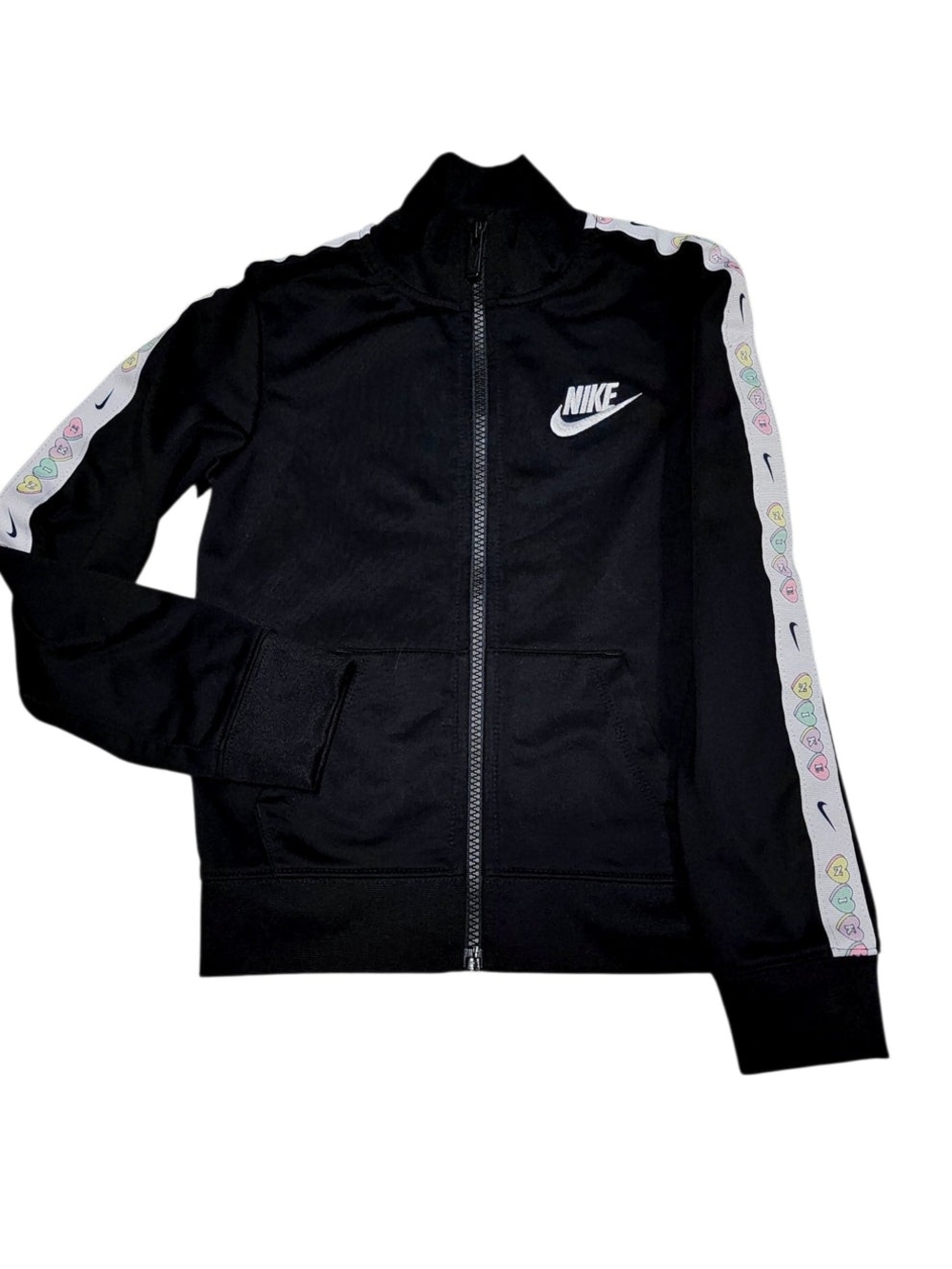 6y Nike Black Kids Full-Zip Track Jacket with Pastel Heart Tape